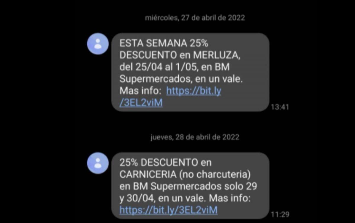 El SMS que indican los descuentos de BM Supermercados/ CG