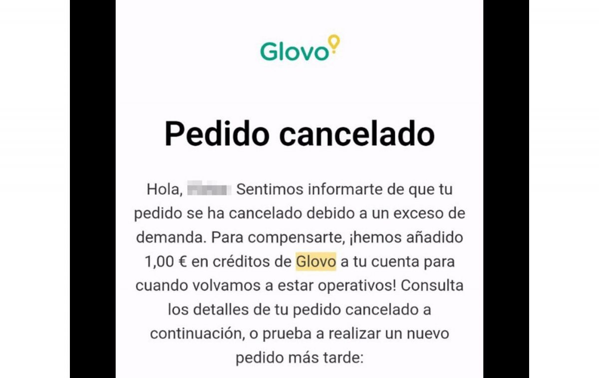 Pantallazo del pedido cancelado por Glovo / CEDIDA