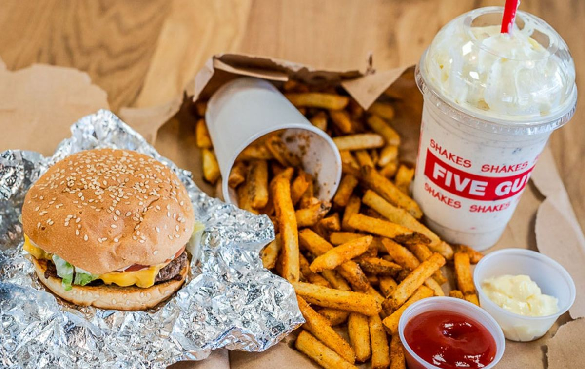 A burger, fries, sauces and a milkshake / FIVEGUYS