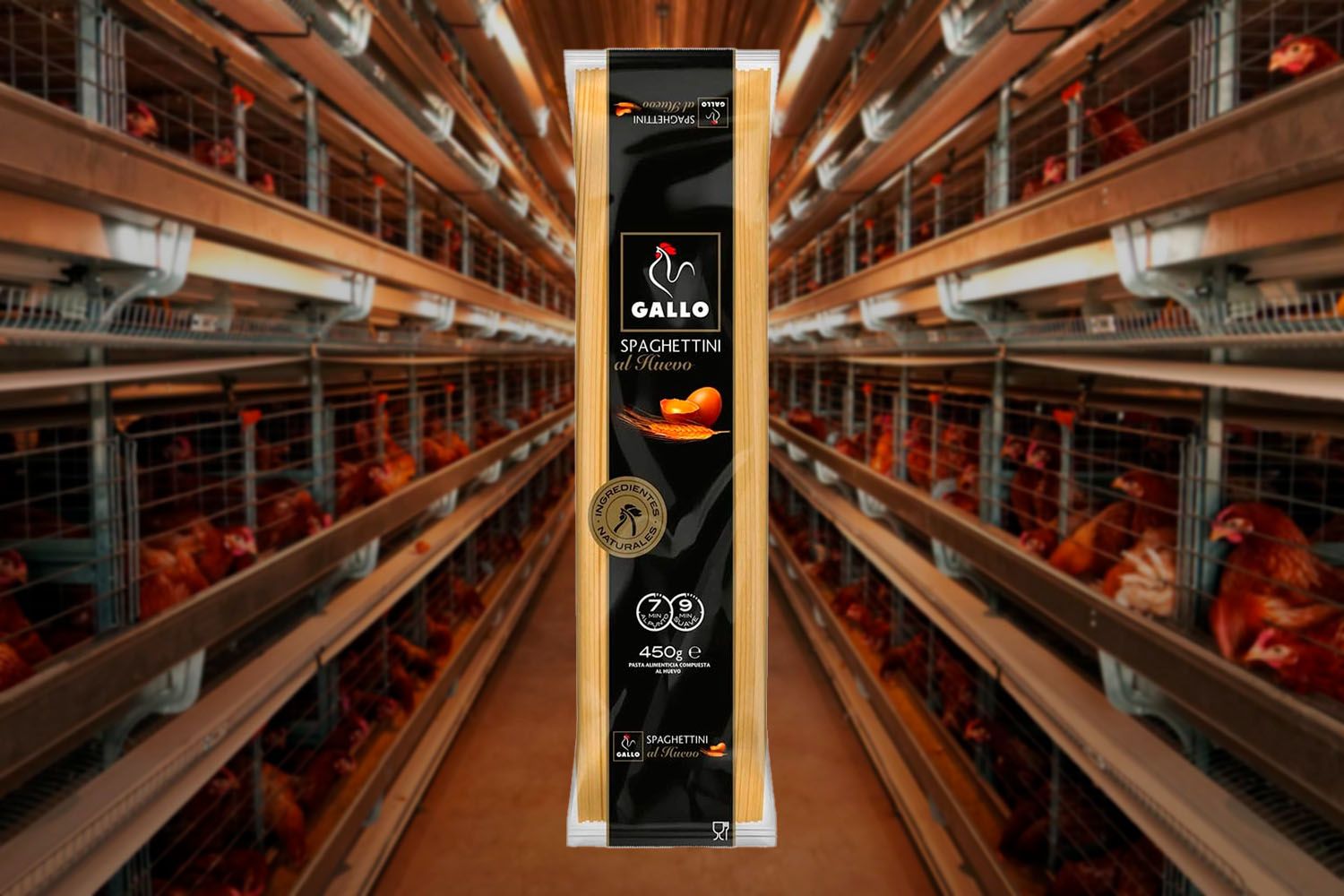 Unos espaguetis al huevo de Pastas Gallo y una granja de gallinas enjauladas / Fotomontaje CONSUMIDOR GLOBAL