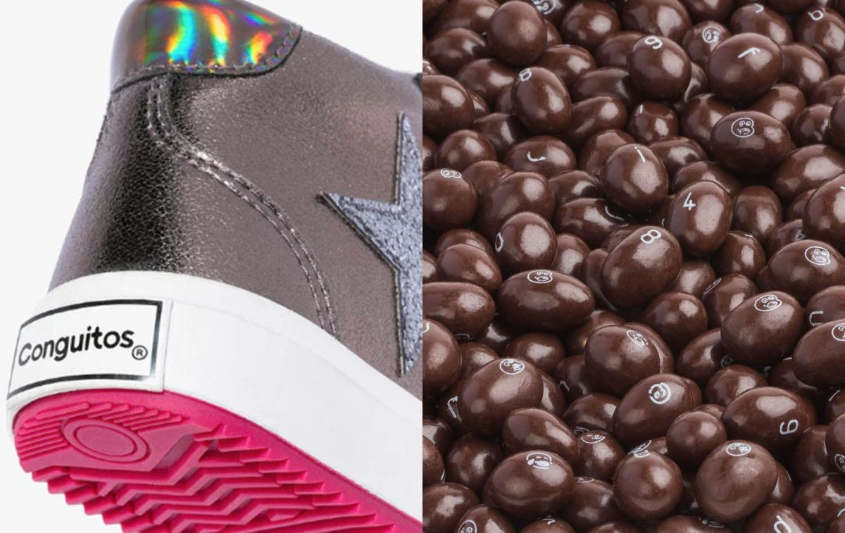 Una zapatilla de la marca Conguitos y unos chocolates Conguitos / FOTOMONTAJE CG