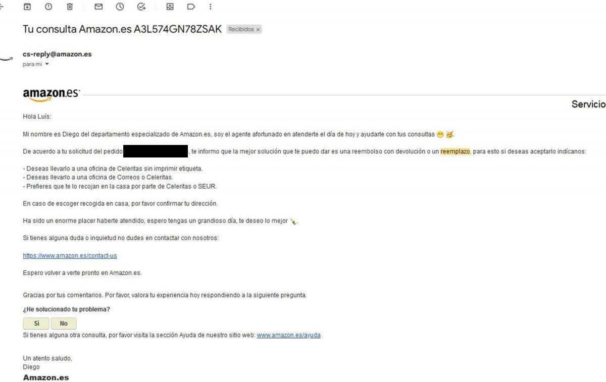 Amazon le ofrece una reembolso con devolución o un reemplazo a Luis Ángel, algo que todavía no ha sucedido / CEDIDA