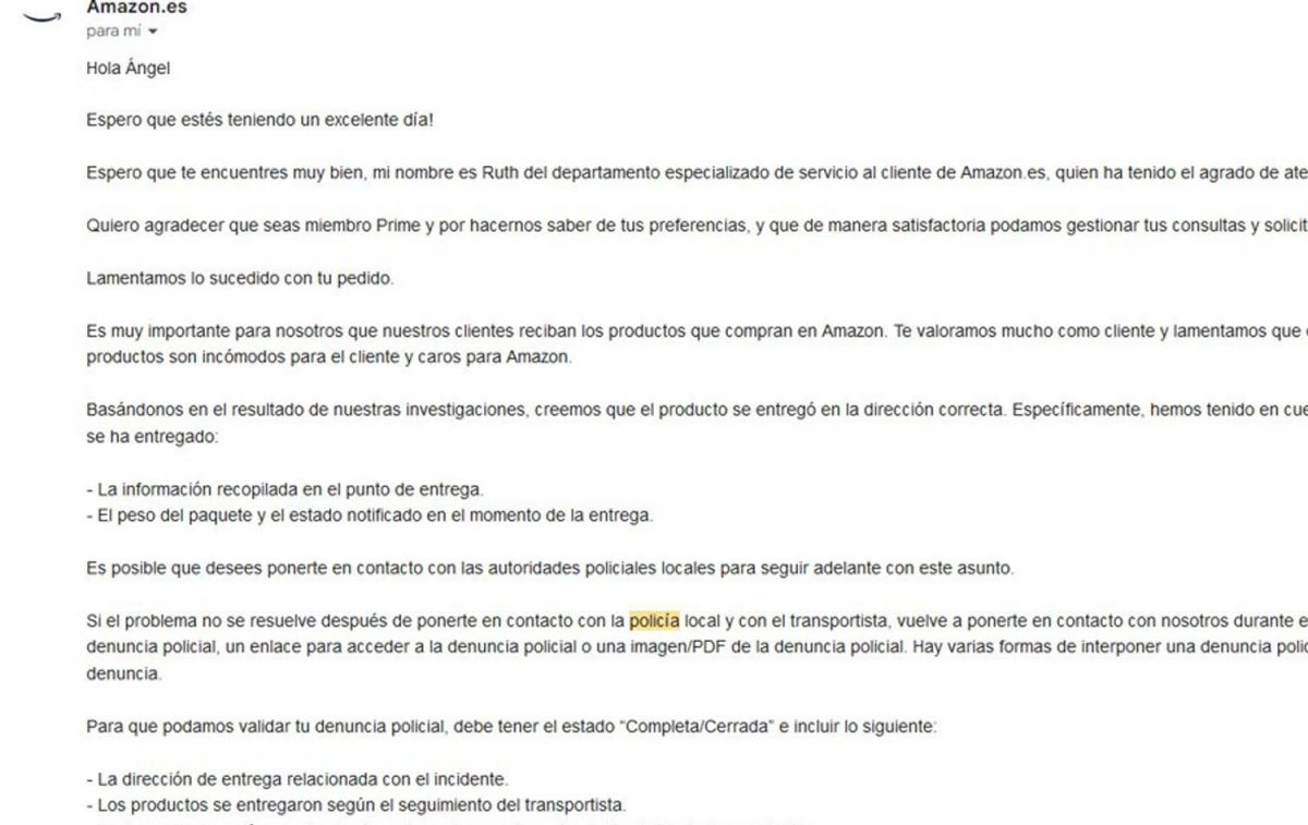 Pantallazo de uno de los correos electrónicos en los que Amazon invita a sus clientes a denunciar el extravío de un pedido a la policía / CEDIDA