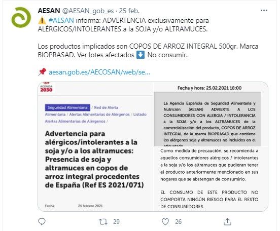 Tuit de la alerta publicada por la Aesan / AESAN