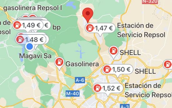 Pantallazo de Google Maps con las gasolineras más baratas Pantallazo de Google Maps con las gasolineras más baratas
