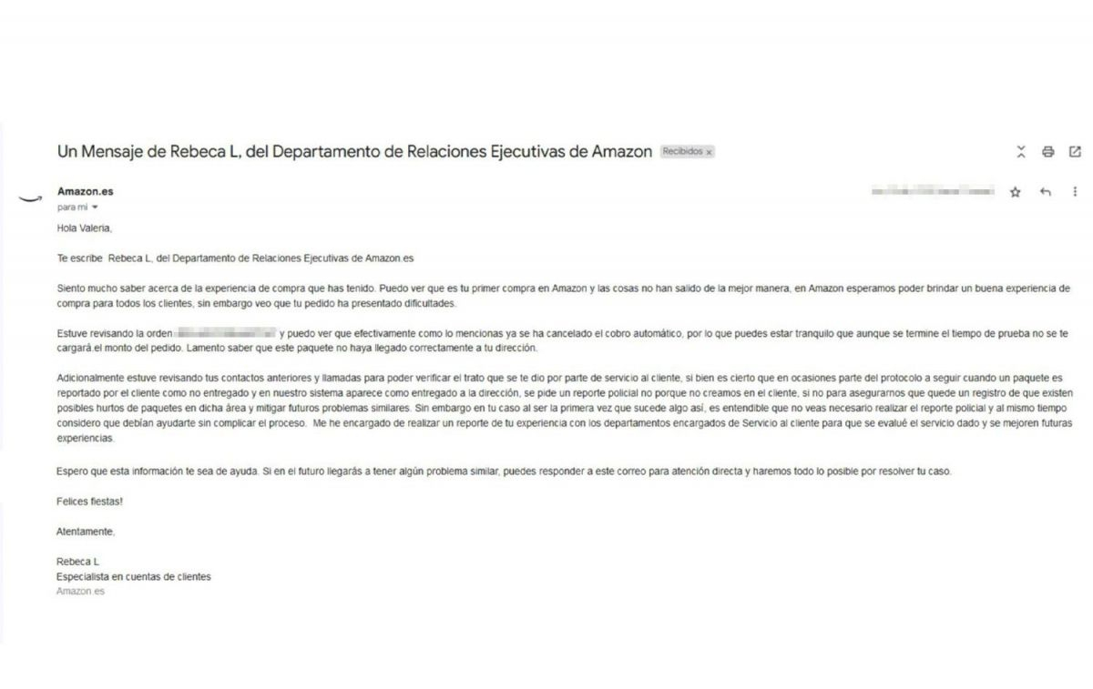 Captura del correo en el que Amazon confirma que pide un reporte policial a sus clientes / CEDIDA