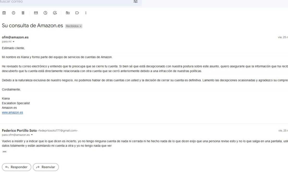 Captura de uno de los correos intercambiados entre Portillo y Amazon / CEDIDA