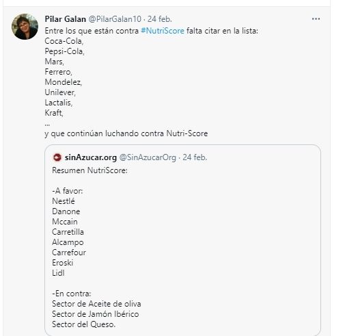 Uno de los tuits sobre Nutriscore de Pilar Galán