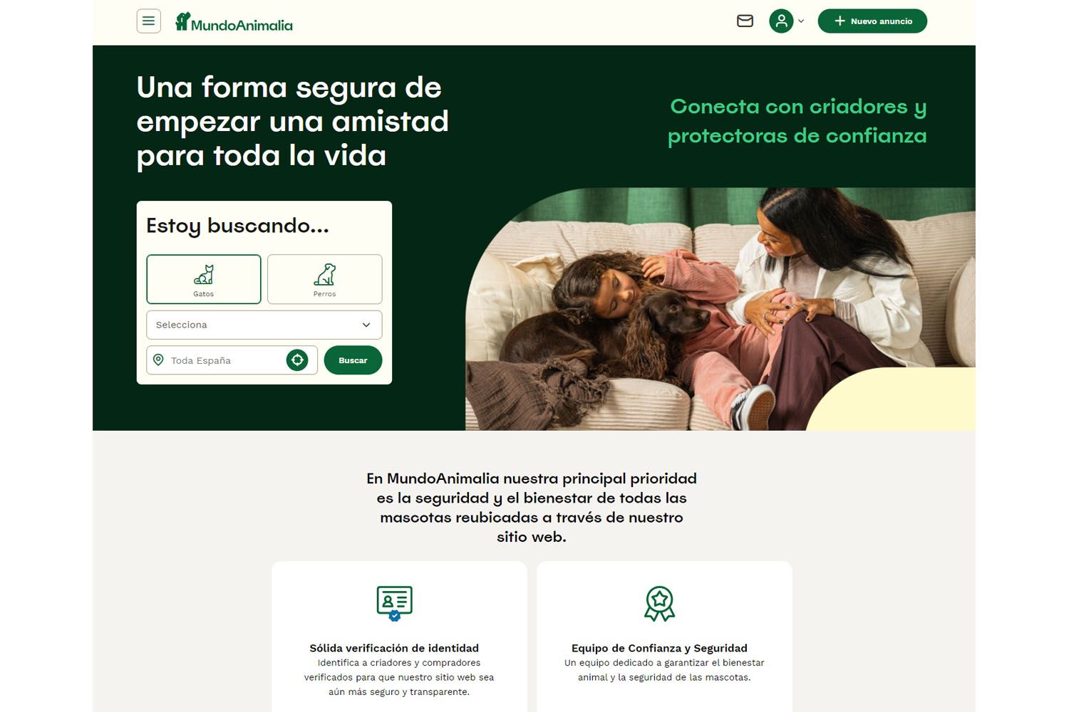 La página web de MundoAnimalia, una plataforma dedicada a la compraventa de perros y gatos / MA