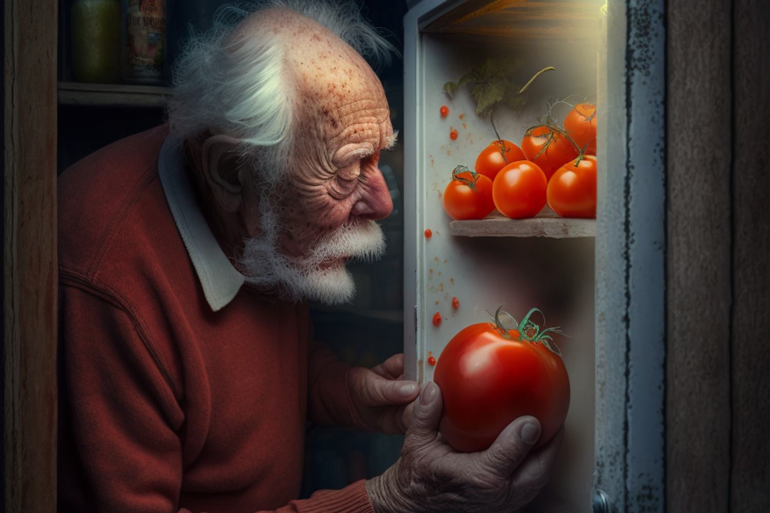 Un hombre saca un tomate de una nevera / MIDJOURNEY