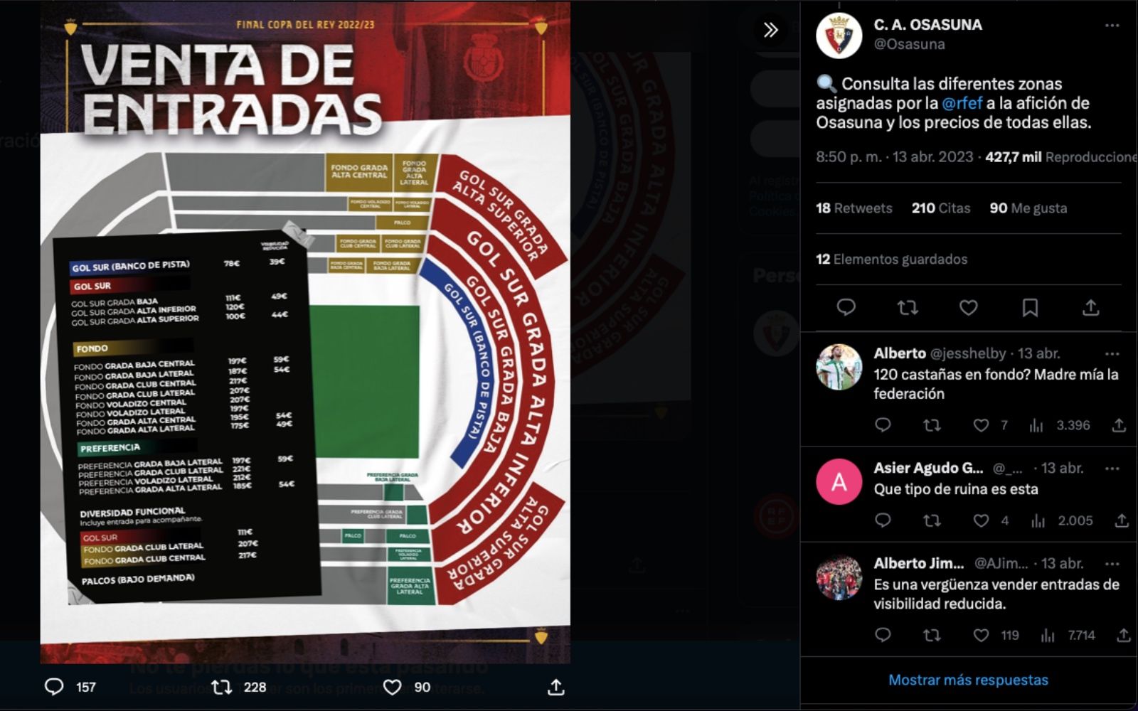 Precio de las entradas Club Atlético Osasuna / TWITTER