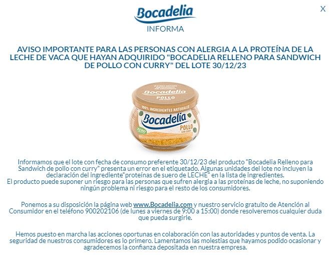 La alerta acerca del producto que se muestra en la web oficial de la marca / BOCADELIA