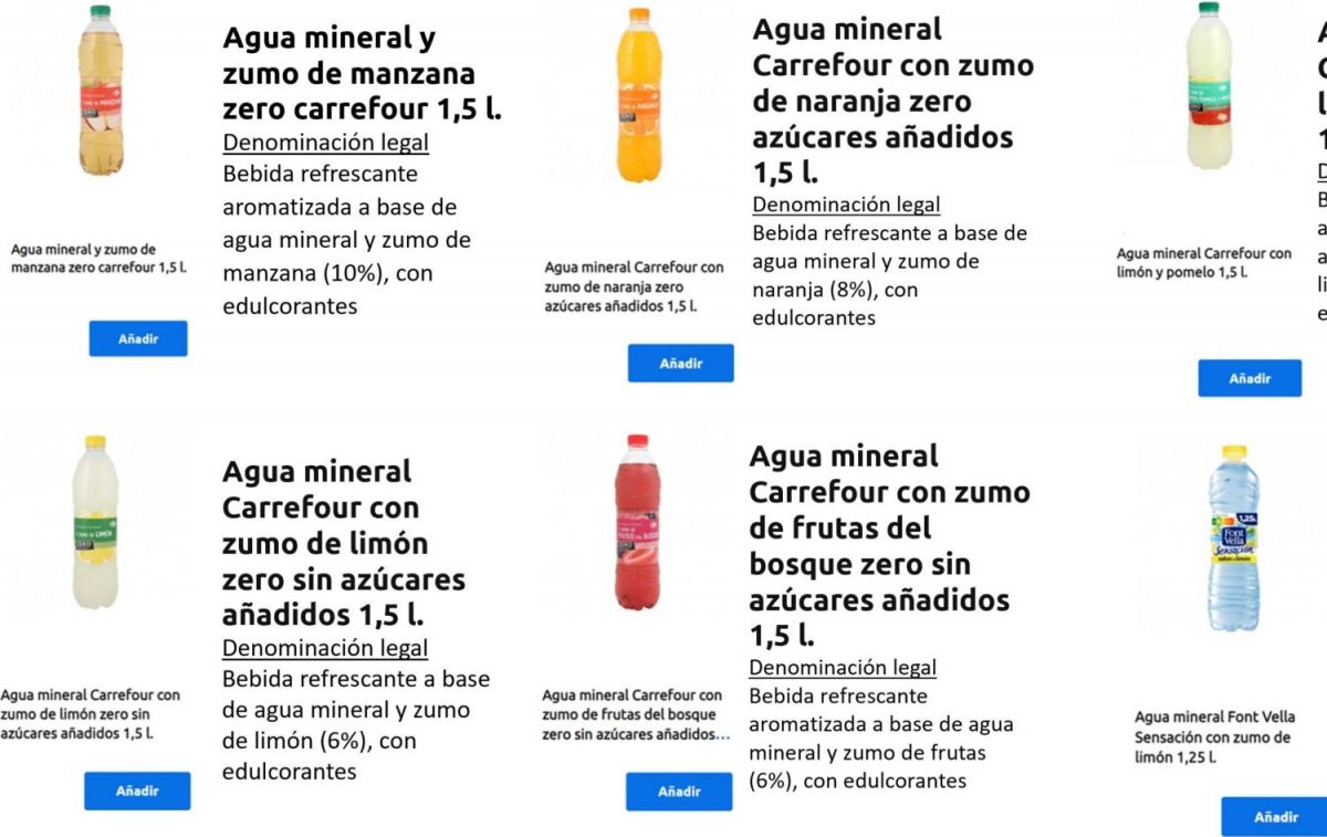 Catálogo de bebidas refrescantes hechas a base de agua mineral en la web de Carrefour a 19 de junio de 2023 / CG