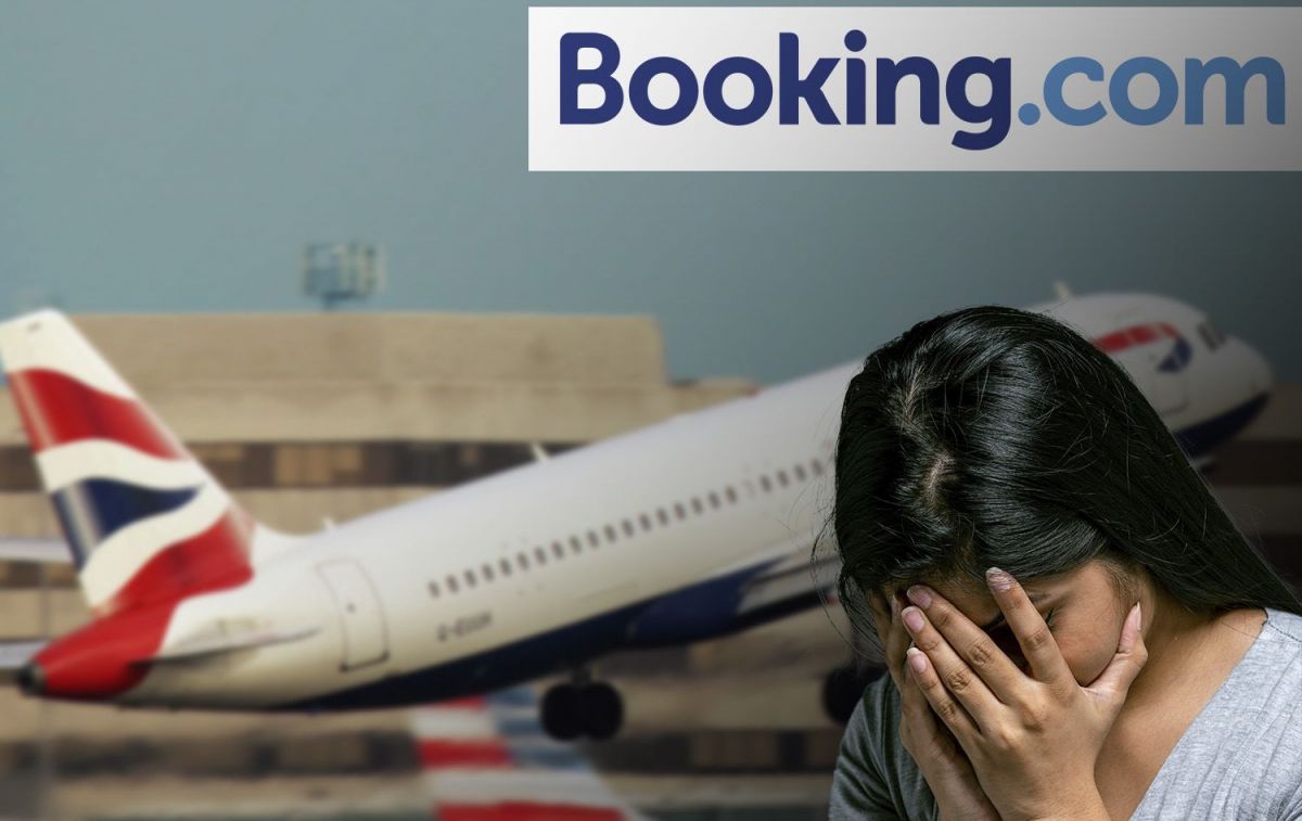 Booking, un avión y una consumidora desesperada por las reservas de vuelo y alojamiento / FOTOMONTAJE CG