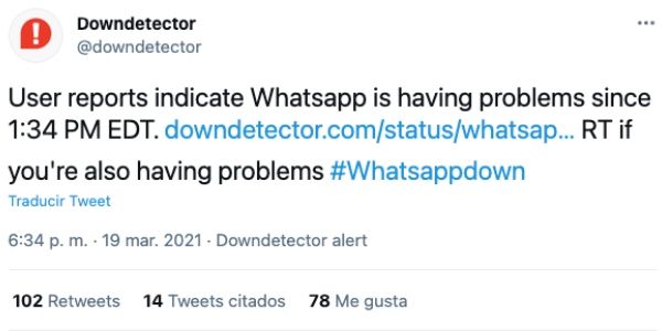 Downdetector advierte de fallos en WhatsApp / @downdetector