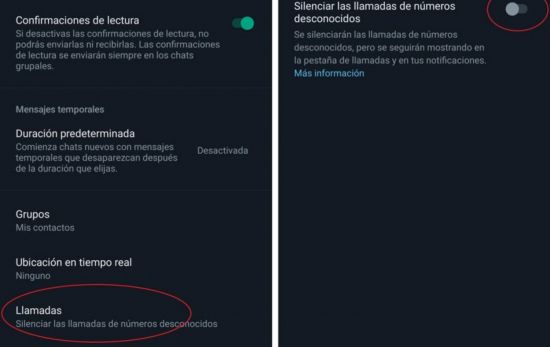 Opción para silenciar las llamadas de spam de WhatsApp / EP