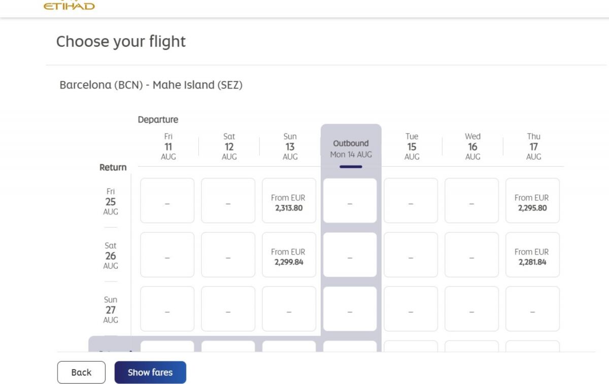 Precios de los vuelos actuales para viajar a Seychelles con Etihad Airways / CG