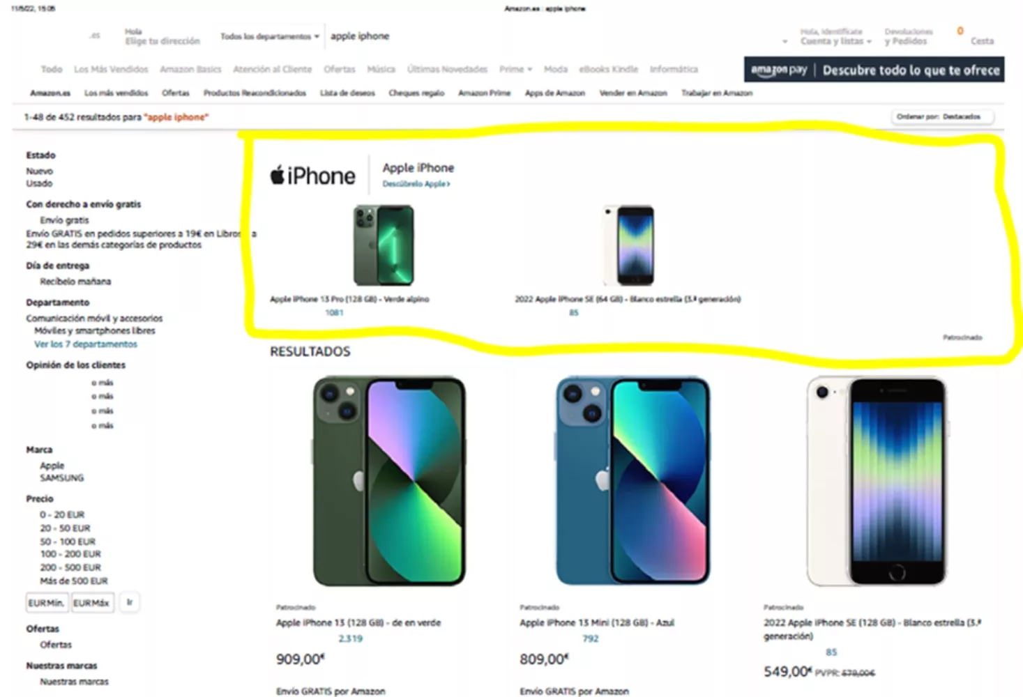 Al buscar por la expresión “Apple iPhone” únicamente aparecen productos Apple en la primera página de resultados / CNMC