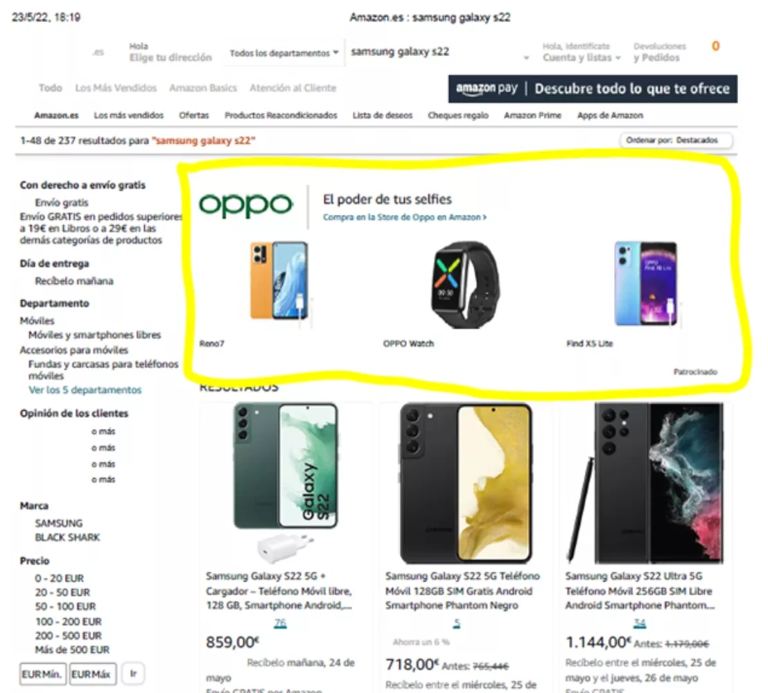 Al buscar “Samsung Galaxy s22”, sí aparecen, en la primera página de resultados, productos competidores de la marca Samsung / CNMC
