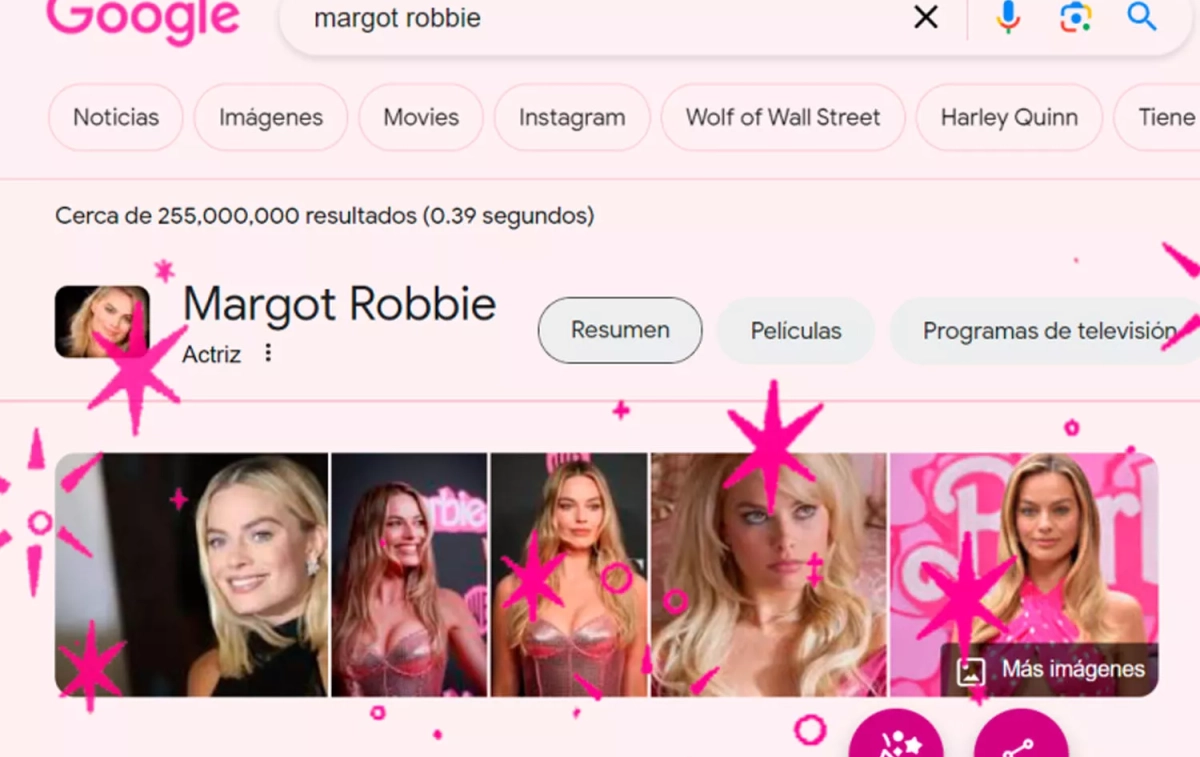 Captura de pantalla de la búsqueda en Google de Margot Robbie, protagonista de 'Barbie'