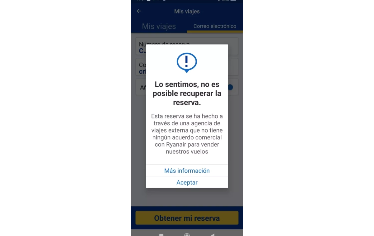 Mensaje de Ryanair que explica la imposibilidad de hacer el check-in online / CEDIDA