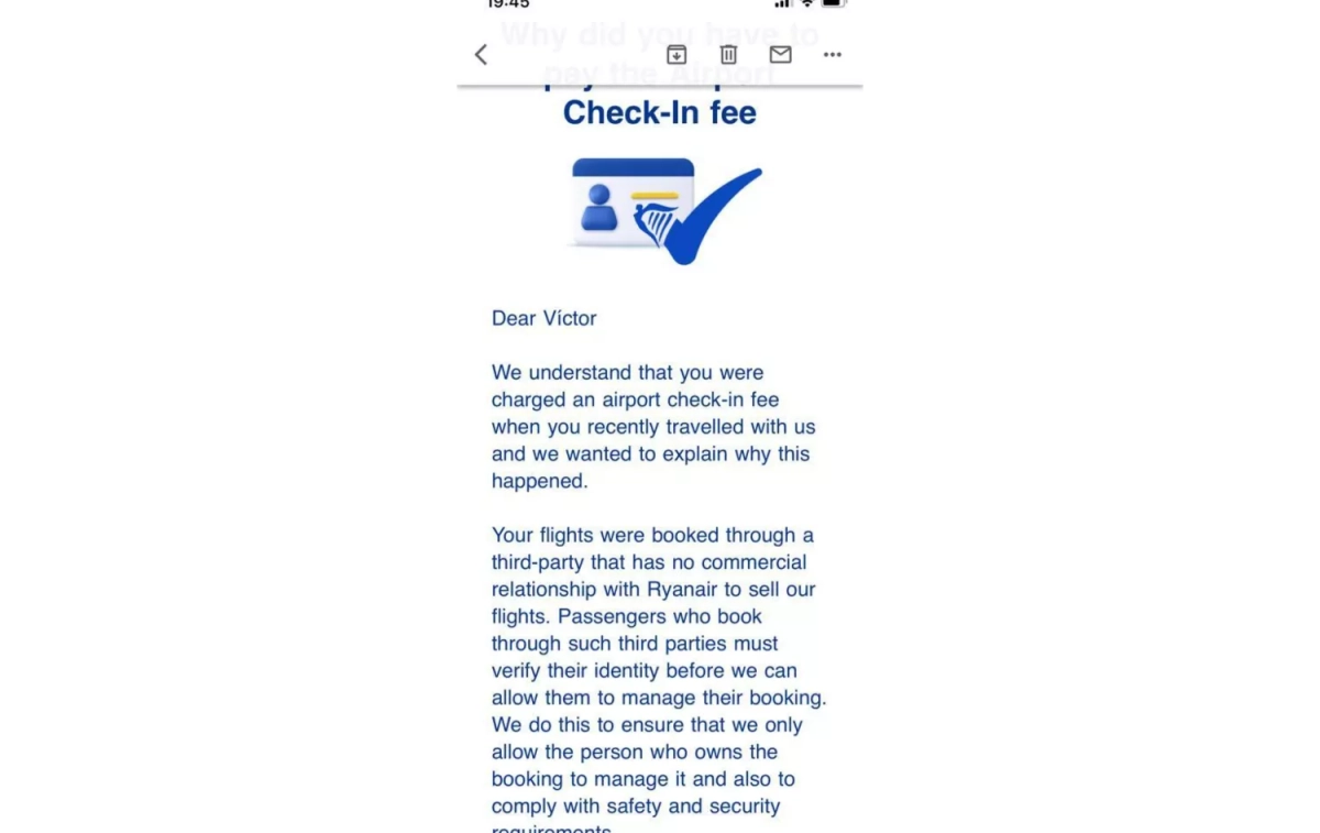 El mensaje de Ryanair que recibió un cliente después de haber pagado la facturación en el aeropuerto / CEDIDA