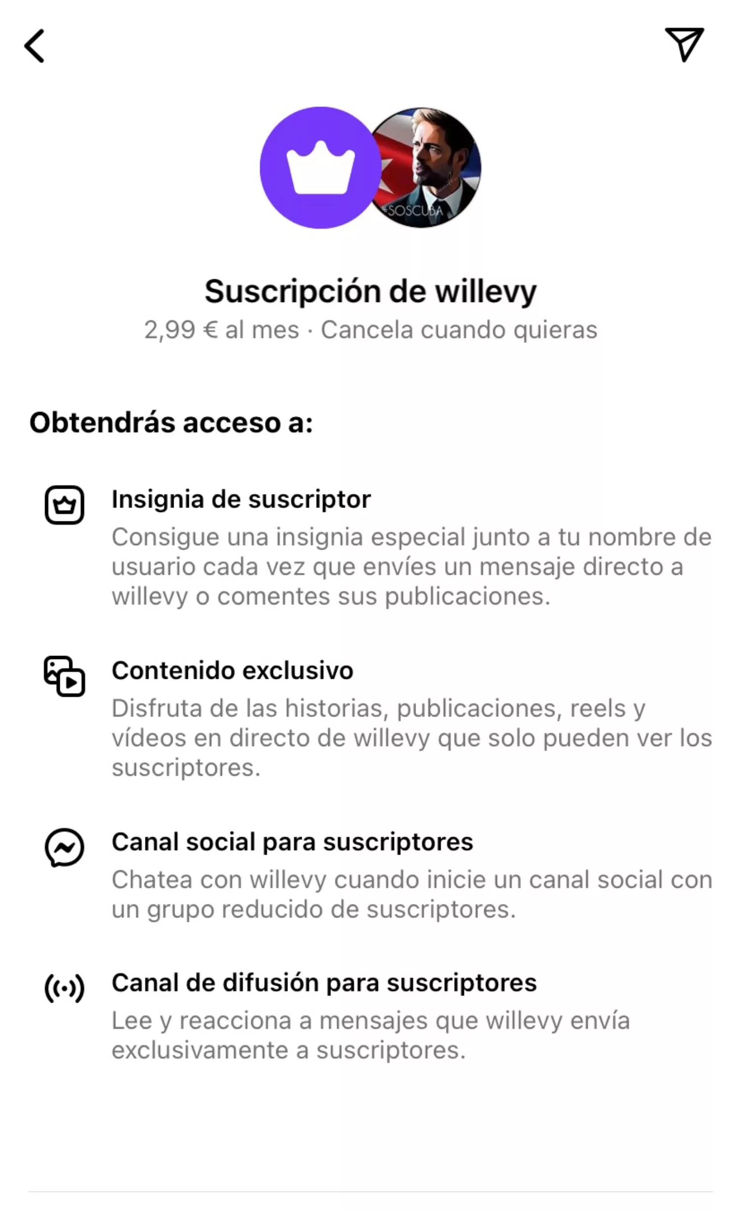 Suscripción al perfil del actor William Levi / INSTAGRAM