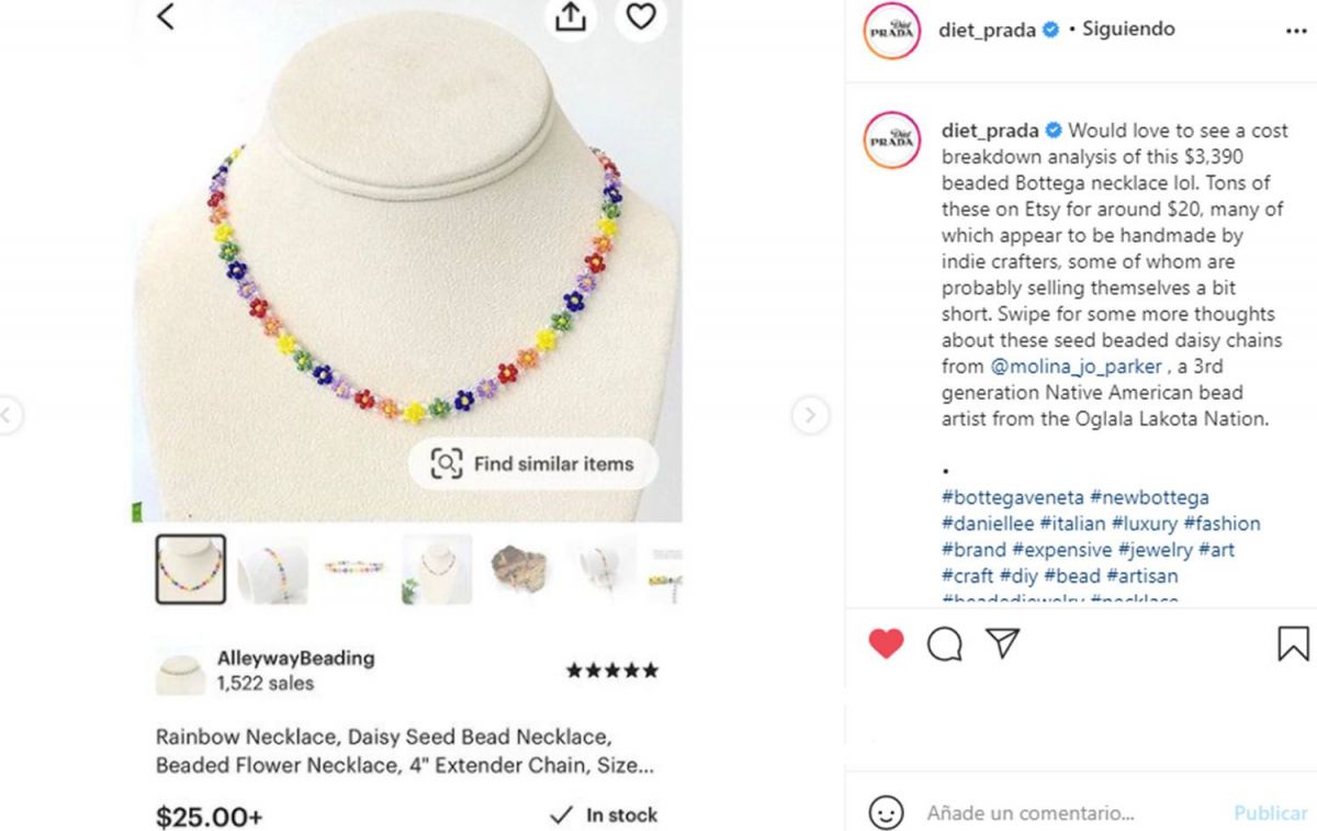 Otro post que compara el collar de Bottega Veneta con otro muy similar de AliExpress / Instagram Diet Prada