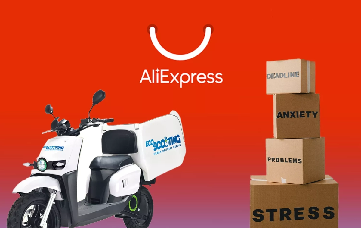 Una moto de EcoScooting, la empresa de entrega de paquetes de AliExpress / Montaje de CG