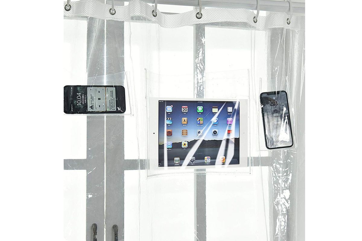 Cortina de ducha con bolsillos para el móvil o la tablet / ALIEXPRESS