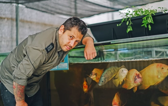 El chef galardonado con una Estrella Verde Michelin, Diego Gallegos, con algunos de los peces que cría / SOLLO El chef galardonado con una Estrella Verde Michelin, Diego Gallegos, con algunos de los peces que cría / SOLLO