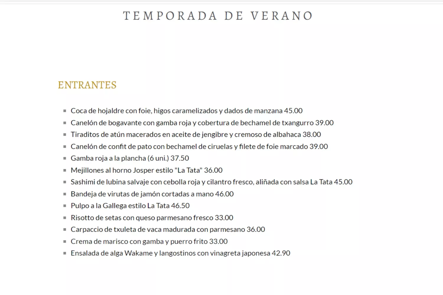 Carta disponible en la web de Restaurante La Tata / RESTAURANTE LA TATA