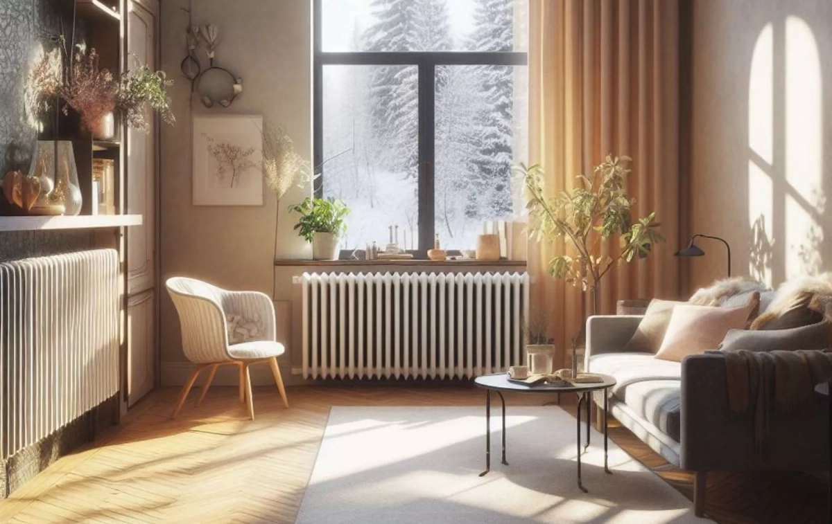 Un salón de una casa con un radiador de calefacción ante la ventana en invierno / BING