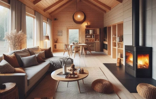 Un salón con un estufa de pellets / BING