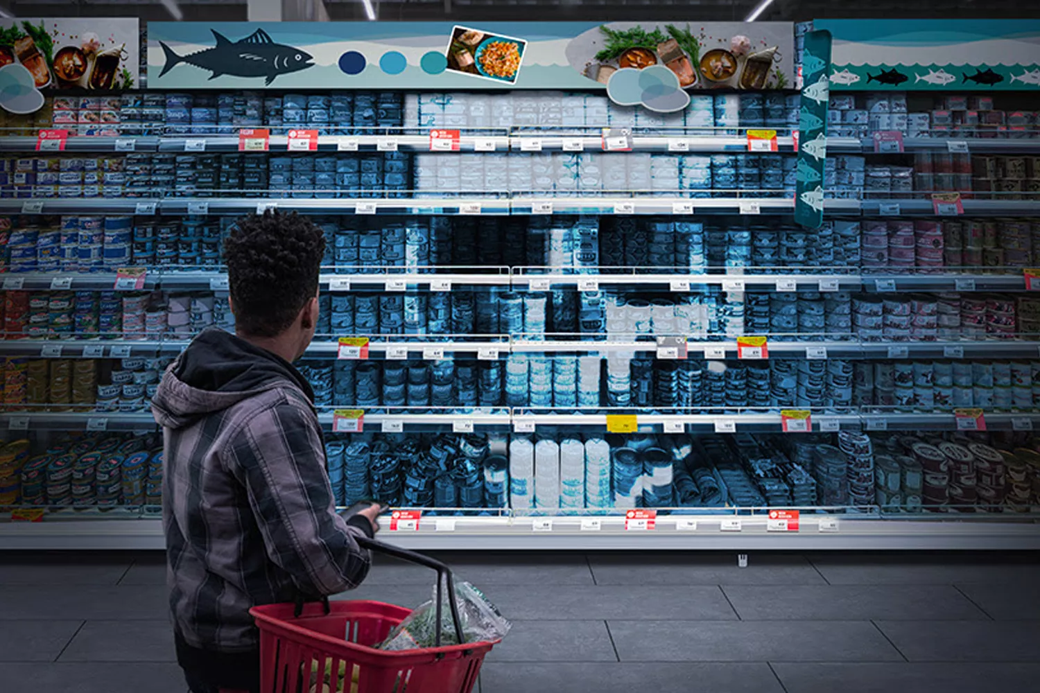 Latas de atún y otros productos en un supermercado BLOOM