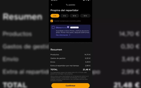 Resumen de un pedido de Glovo que cobra extra para el trabajador por el mal tiempo / Cedida por Julia S. Resumen de un pedido de Glovo que cobra extra para el trabajador por el mal tiempo / Cedida por Julia S.