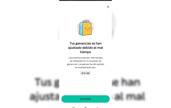 Comisión de lo que cobra un repartir de Glovo por el mal tiempo / Cedida por Jesuar Vallares Comisión de lo que cobra un repartir de Glovo por el mal tiempo / Cedida por Jesuar Vallares