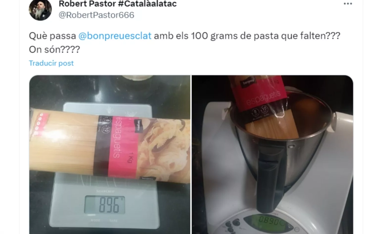 Tuit de un usuario denunciando el peso real de un paquete de pasta de Bon Preu / TWITTER