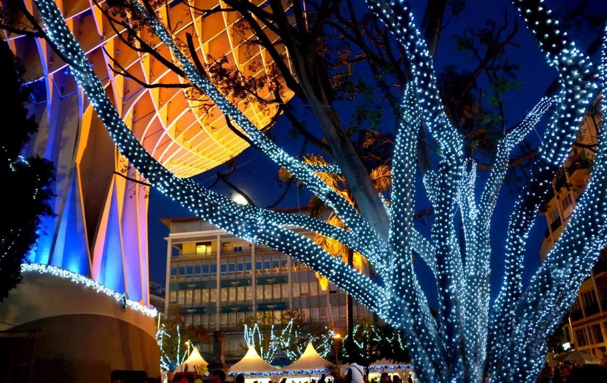 Un árbol iluminado en el Mercado de Navidad de las Setas de Sevilla, en la plaza de la Encarnación / FACEBOOK