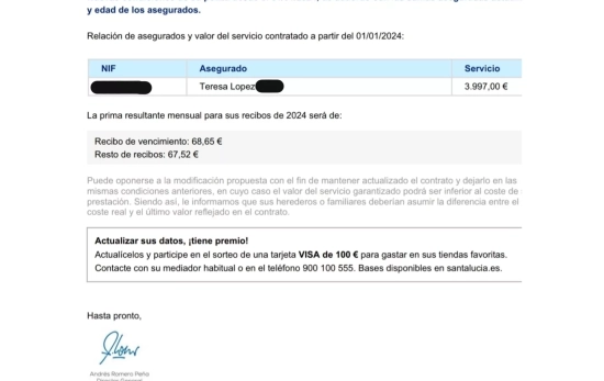 Las nuevas condiciones de la póliza de Teresa López Foto cedida Las nuevas condiciones de la póliza de Teresa López Foto cedida