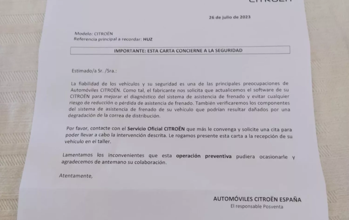 La carta que Citroën y Peugeot ha estado enviando a sus clientes para una revisión del vehículo / CEDIDA