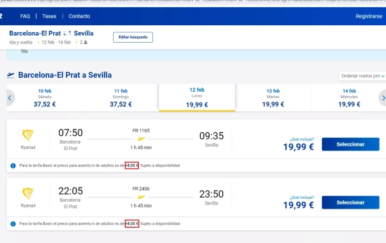 Precio para asientos que deben reservar los adultos / RYANAIR Precio para asientos que deben reservar los adultos / RYANAIR