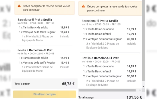 Comparativa de precios viajando con o sin niños en Ryanair / RYANAIR Comparativa de precios viajando con o sin niños en Ryanair / RYANAIR