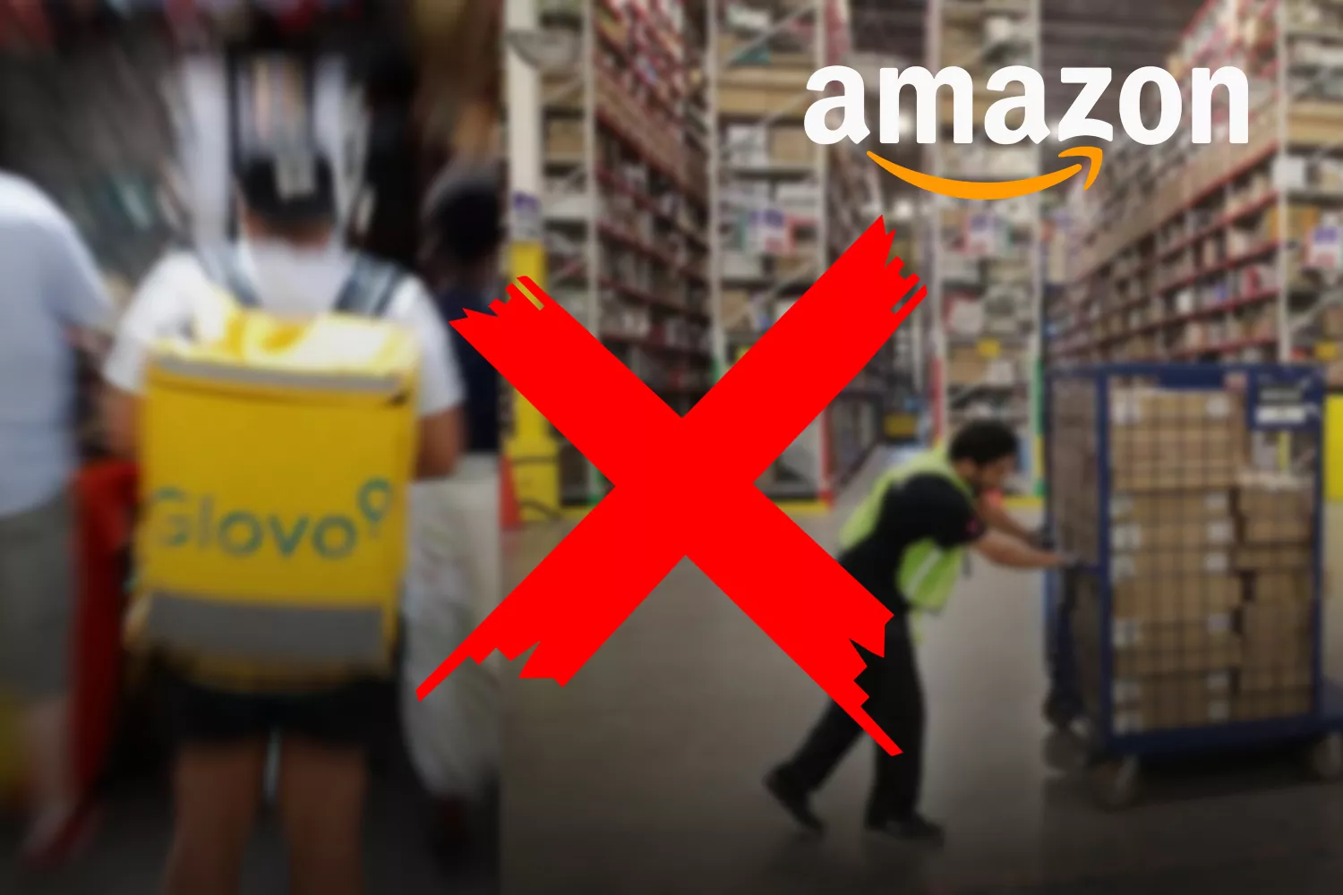 Un montaje con dos imágenes de un rider de Glovo y un empleado de Amazon en un almacén / CONSUMIDOR GLOBAL