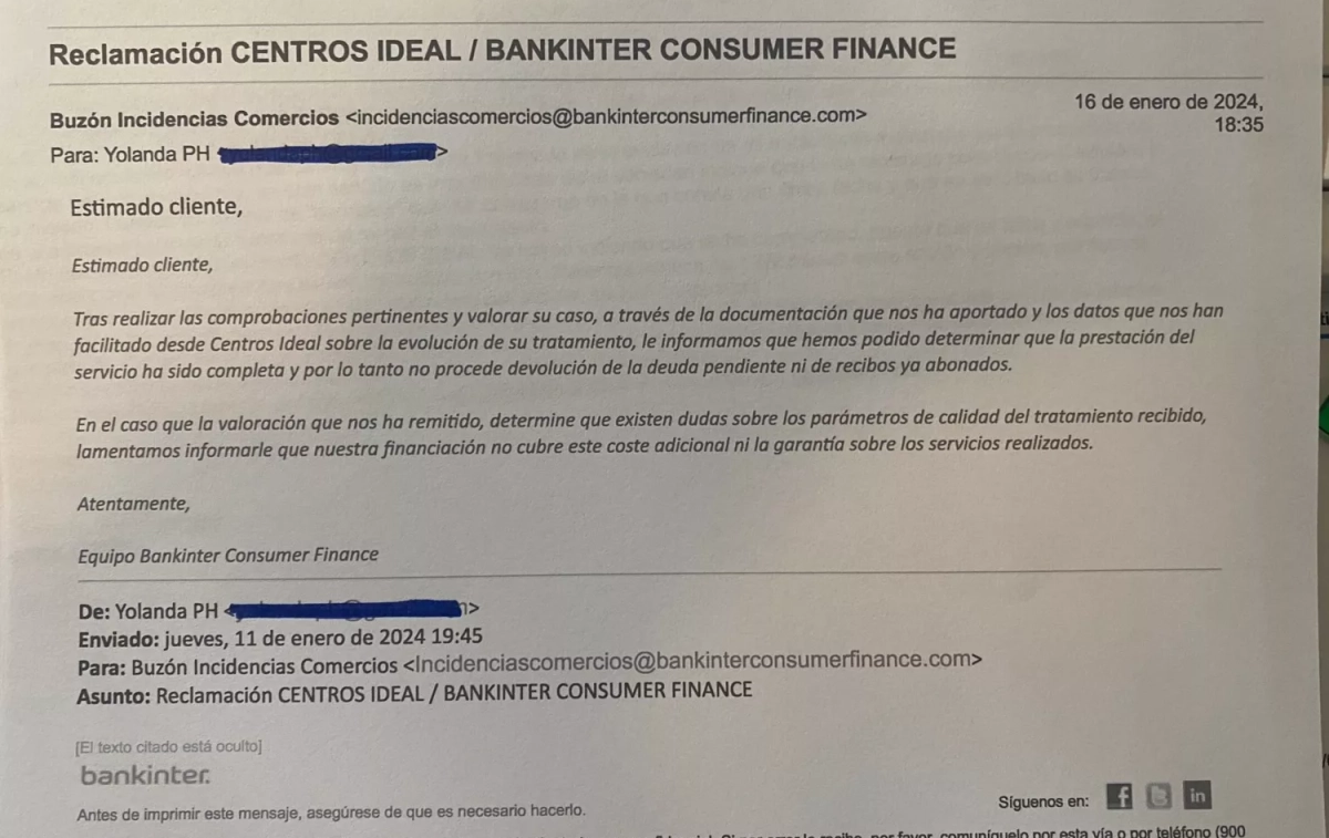 Correo de Bankinter informando a una clienta de Centros Ideal / CEDIDA