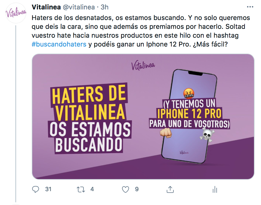El tuit que ha enviado Vitalinea para animar a sus haters en redes / VITALINEA