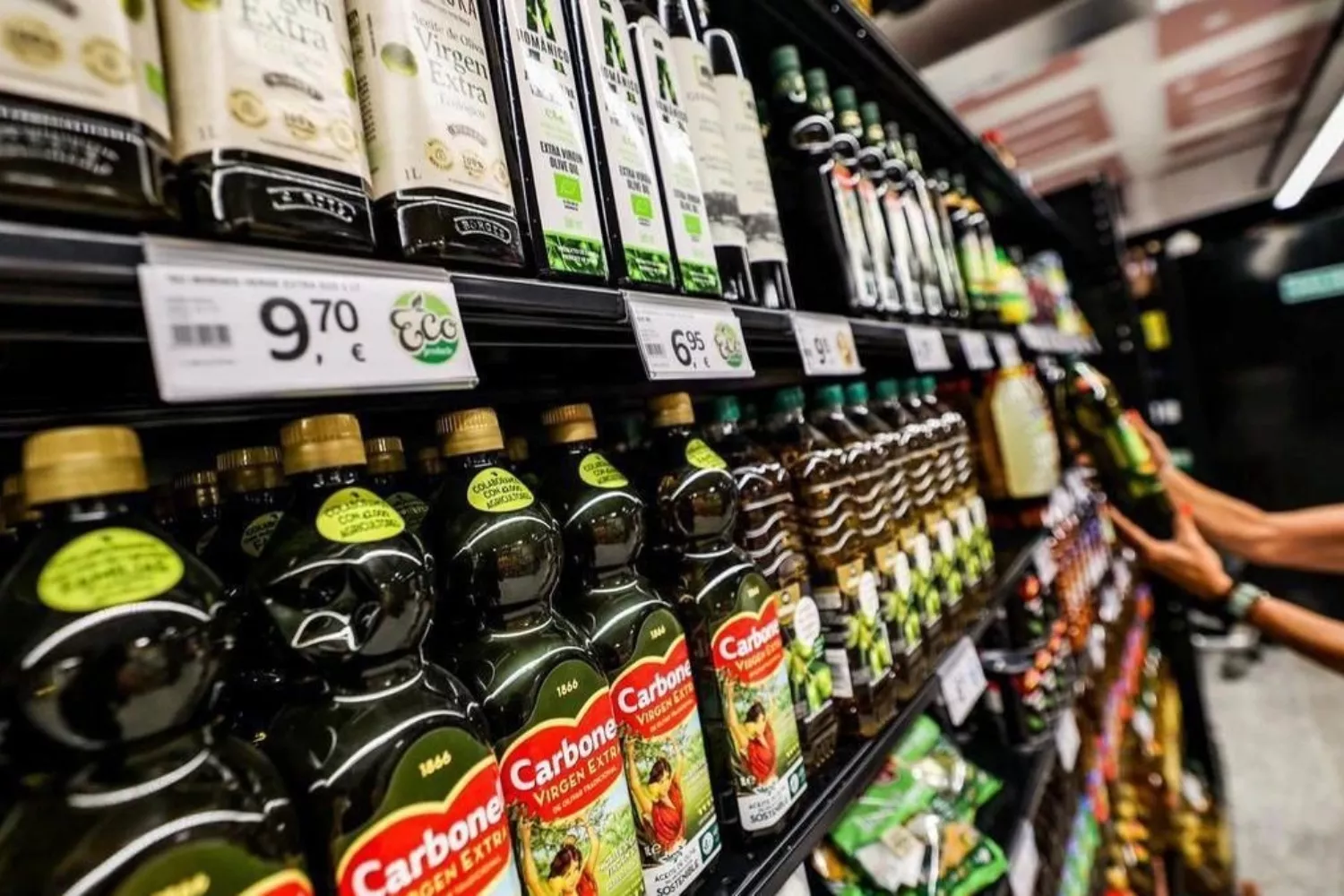 Botellas de aceite de oliva con su precio en un supermercado / EFE