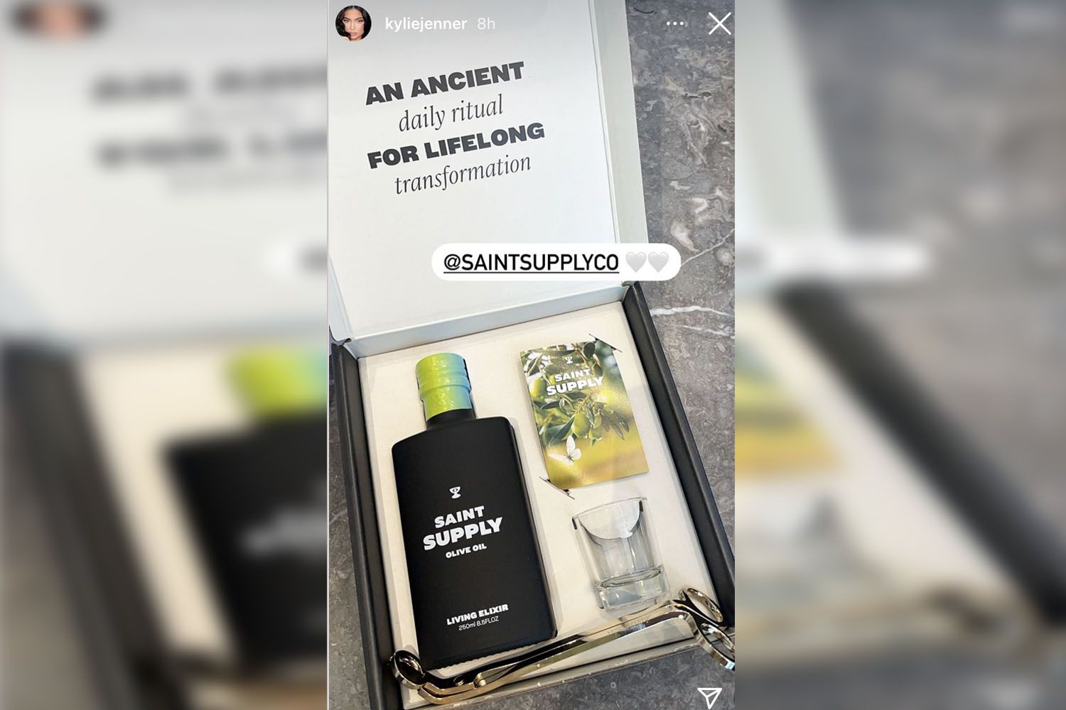 Un 'stories' de Kylie Jenner que muestra el kit completo del chupito aceite de oliva / Instagram Kylie Jenner
