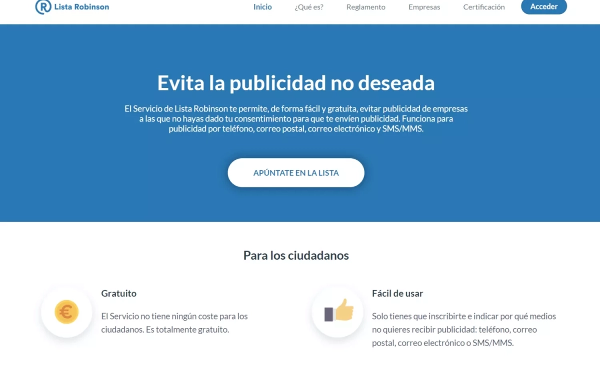 Web oficial de la Lista Robinson / CG Web oficial de la Lista Robinson / CG