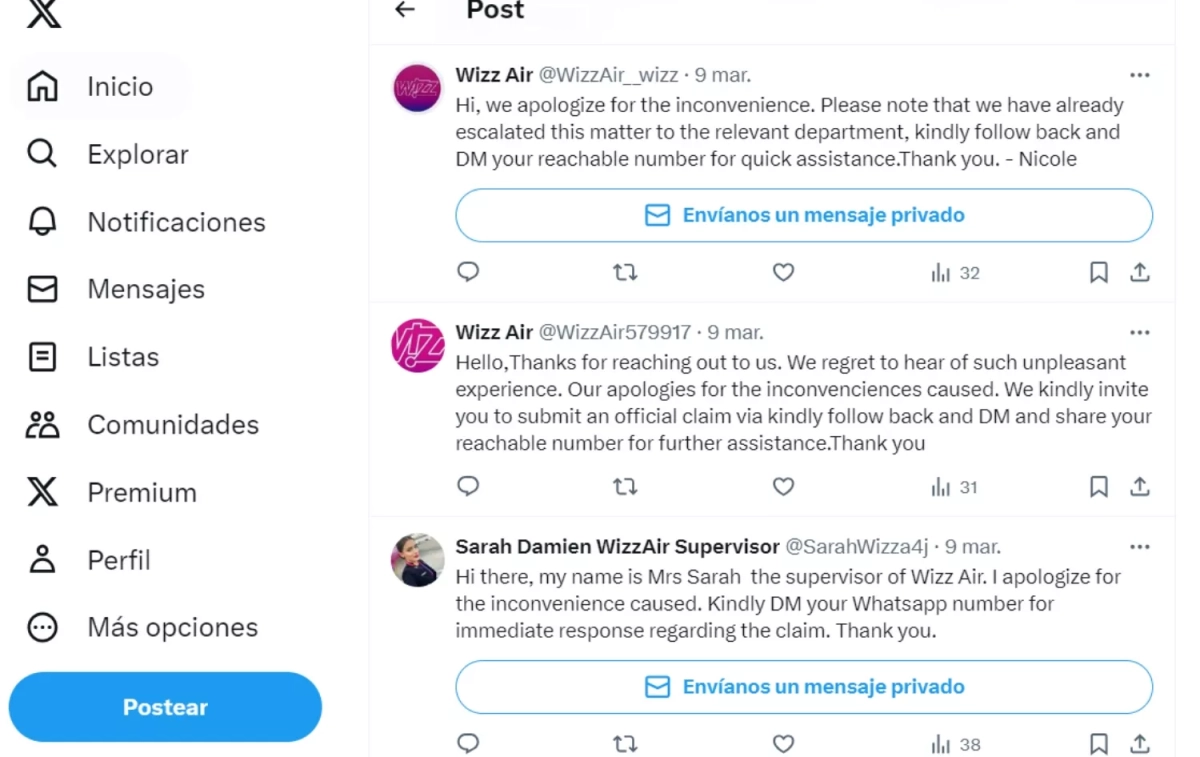 Cuentas falsas suplantando a Wizz Air en X (Twitter) / CG